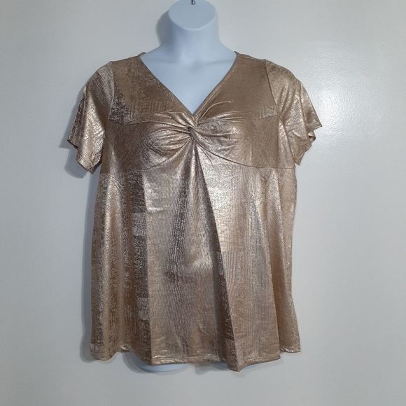 Roaman's Metallic Gold Twist Front Short Sleeve Top 12 NWOT - Picture 1 of 8